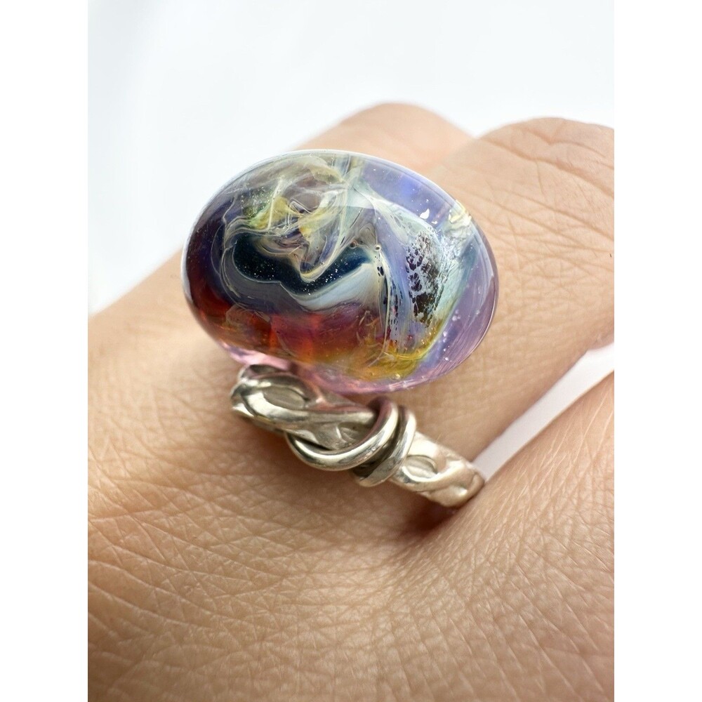 Tested Sterling Silver Art Glass Galaxy Ring Size 8
